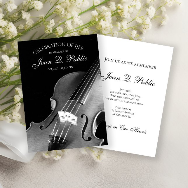 Invitation Célébration de la vie du musicien violon noir blan (Créateur téléchargé)