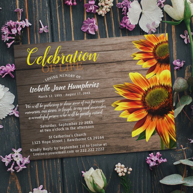 Invitation Célébration de la vie du tournesol rustique | Funé (Créateur téléchargé)