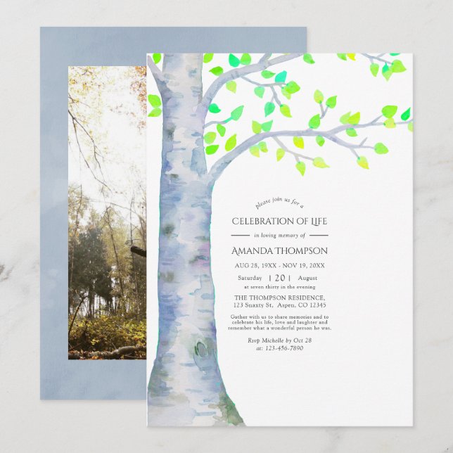 Invitation Célébration de la vie d'un arbre bouleau de printe (Devant / Derrière)