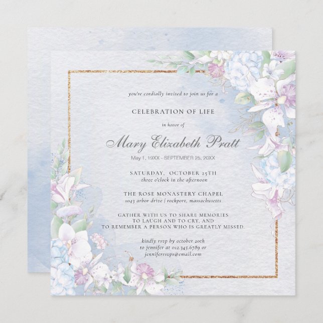 Invitation Célébration de la vie Dusty bleu et blanc floral (Devant / Derrière)