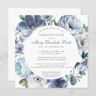 Invitation Célébration de la vie Dusty bleu et blanc Floral e