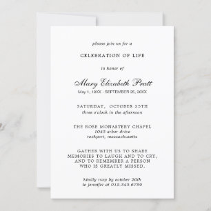 Invitation Célébration de la vie Elégant Noir Blanc Funéraill
