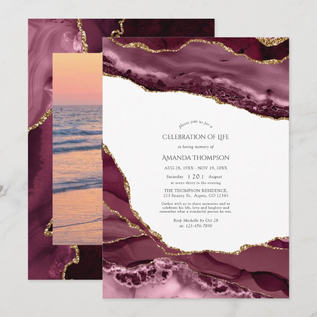 Invitation Célébration de la vie en agate bordeaux et or (Devant / Derrière)