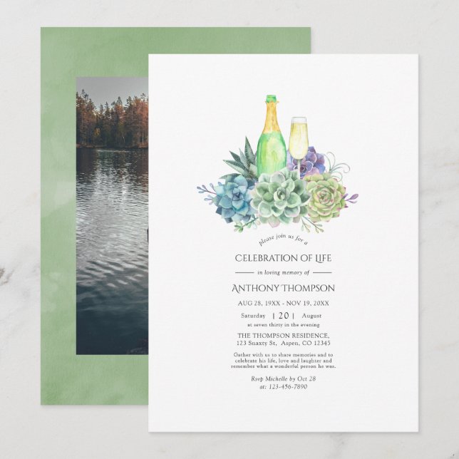 Invitation Célébration de la vie en aquarelle avec succulente (Devant / Derrière)