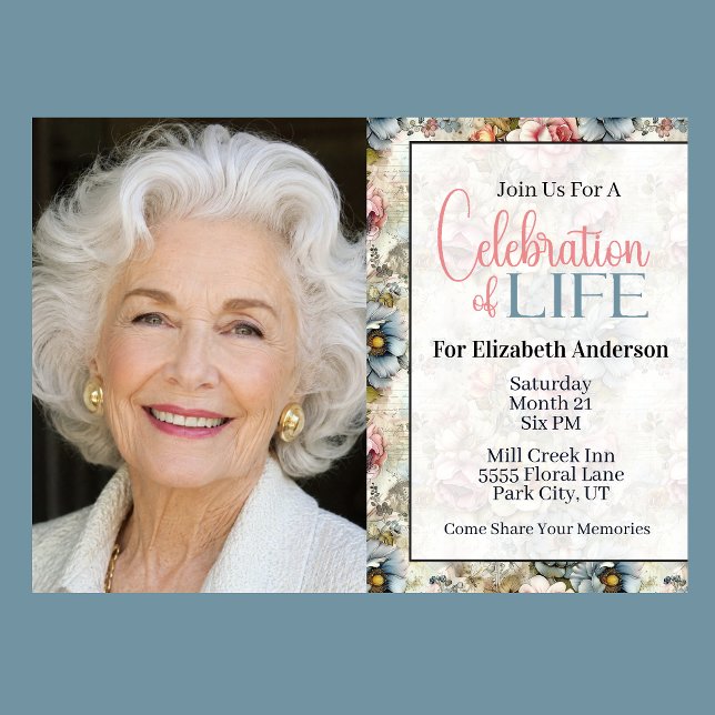 Invitation Célébration de la vie en collage floral élégant (Vintage floral celebration of life invitation with watercolor flowers and romantic botanical design
)