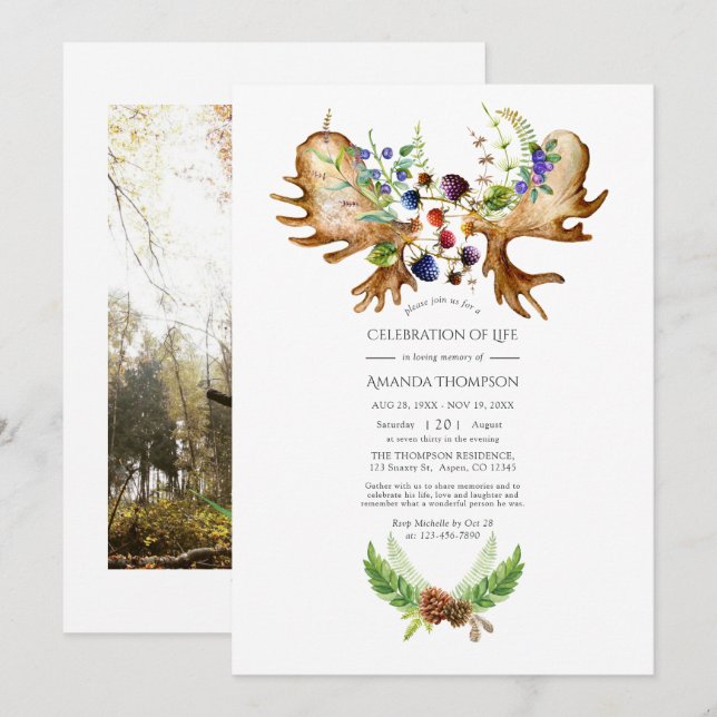 Invitation Célébration de la vie en forêt rustique à l'aquare (Devant / Derrière)