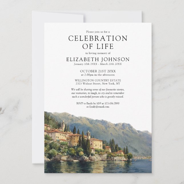 Invitation Célébration de la vie en mémoire funèbre Lake Como (Devant)