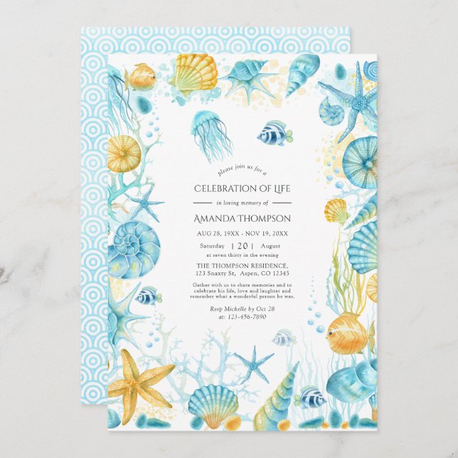 Invitation Célébration de la vie en mer bleue et jaune Photo (Devant / Derrière)
