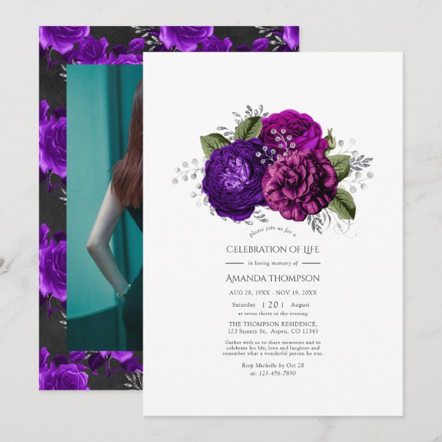 Invitation Célébration de la vie en pourpre royal et argent f (Devant / Derrière)