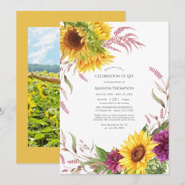 Invitation Célébration de la vie florale de soleil et de prun (Devant / Derrière)