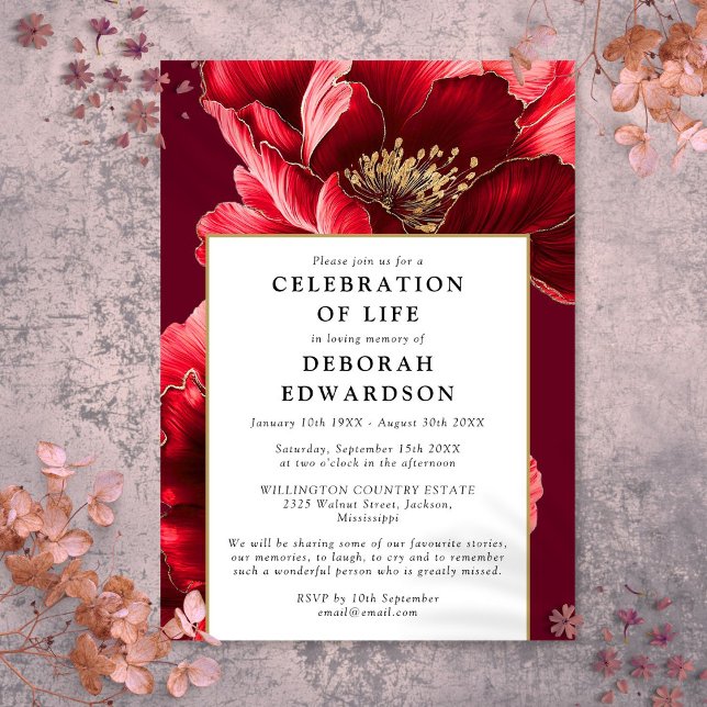 Invitation Célébration de la vie florale élégante rouge moder (Modern Red Elegant Floral Celebration Of Life Invitation)