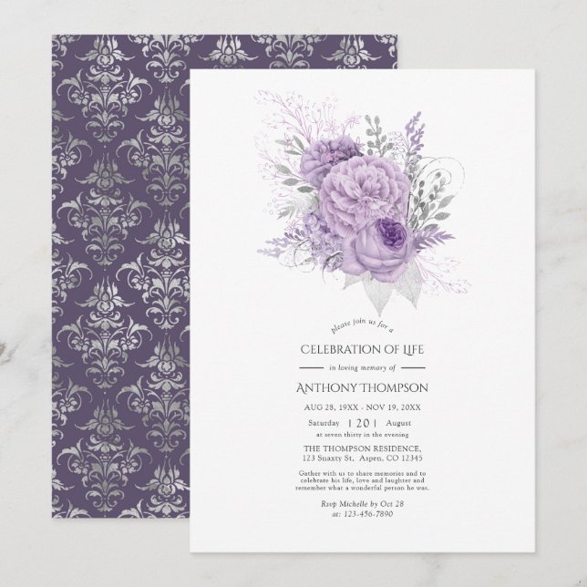 Invitation Célébration de la vie florale lavande et argent (Devant / Derrière)