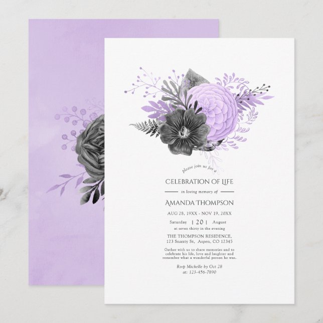 Invitation Célébration de la vie florale lilas et charbon (Devant / Derrière)