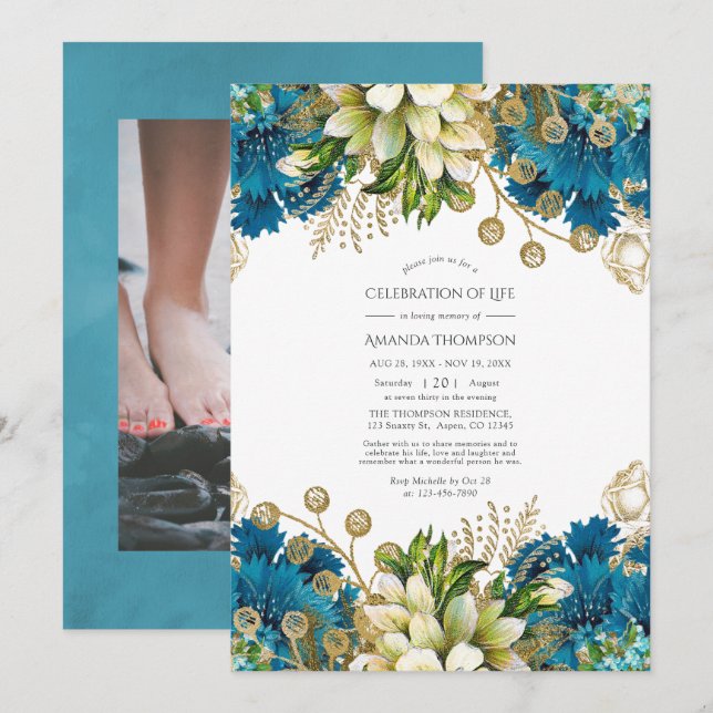 Invitation Célébration de la vie florale turquoise et or (Devant / Derrière)