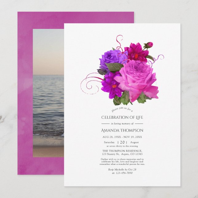 Invitation Célébration de la vie fuchsia et violette shabby (Devant / Derrière)