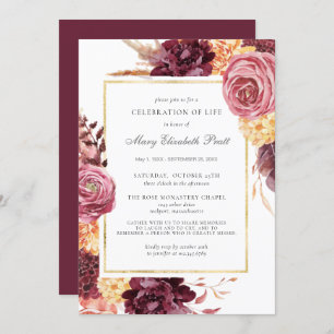 Invitation Célébration de la vie Funérailles Bourgogne rose F