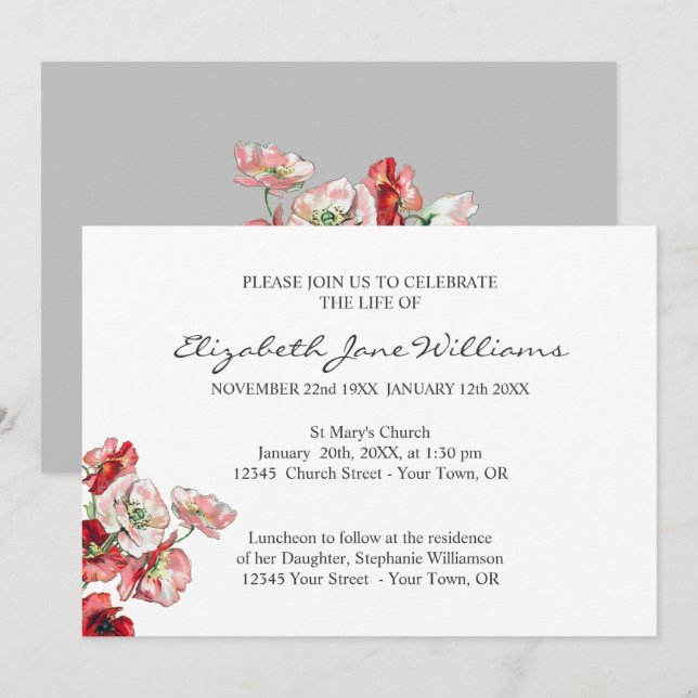 Invitation Célébration de la vie | Funérailles | Coquelicot (Devant / Derrière)