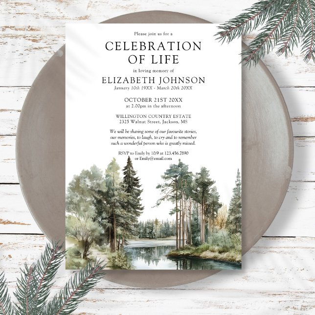 Invitation Célébration de la vie funérailles du lac de la for (Woodland Forest Lake Celebration Of Life Funeral Invitation)