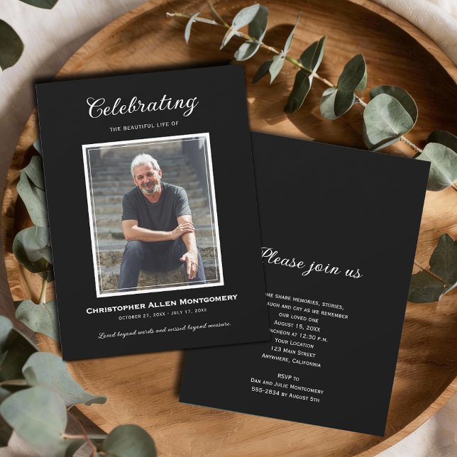 Invitation Célébration de la vie Funérailles Mémorial (Celebration of Life photo funeral black invitations, PRINTED and/or INSTANT DOWNLOAD)