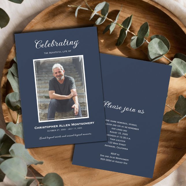 Invitation Célébration de la vie Funérailles Mémorial (Celebration of Life photo funeral memorial navy blue invitations, PRINTED and/or INSTANT DOWNLOAD)