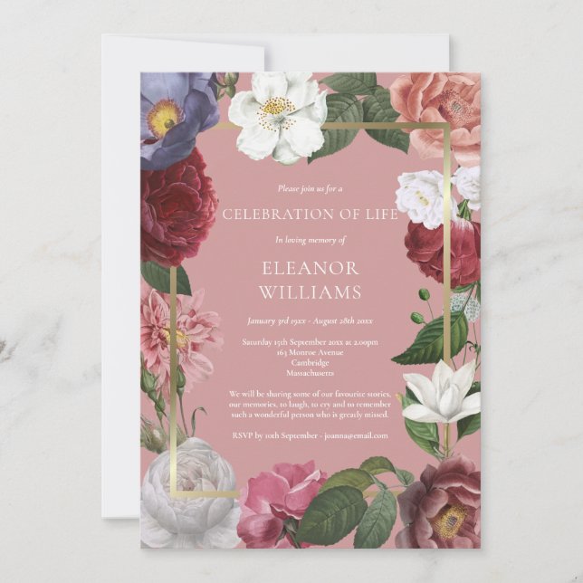 Invitation Célébration de la vie Funérailles Rose Rose Floral (Devant)