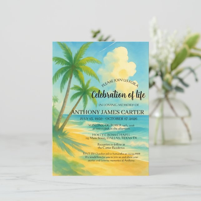 Invitation Célébration de la vie Funérailles tropicales de pl (Debout devant)