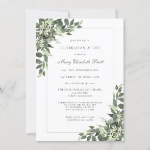 Invitation Célébration de la vie Funéraire Blanc Floral Vert