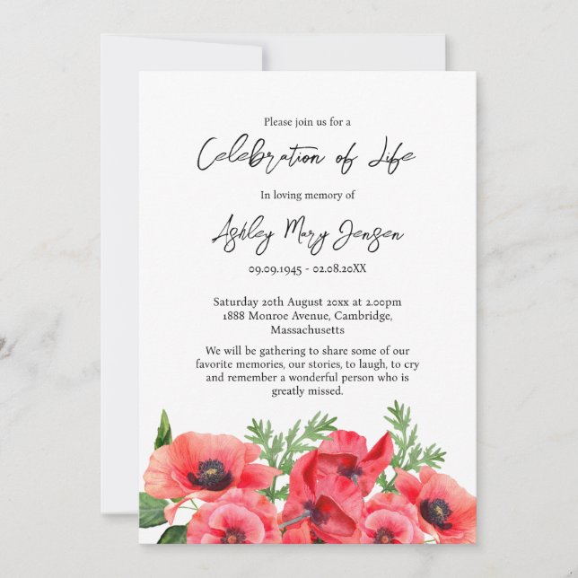 Invitation Célébration de la vie funéraire de Poppy (Devant)
