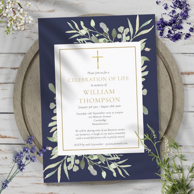 Invitation Célébration de la vie funéraire de verdure bleue (Greenery Blue Celebration of Life Funeral Invitation)