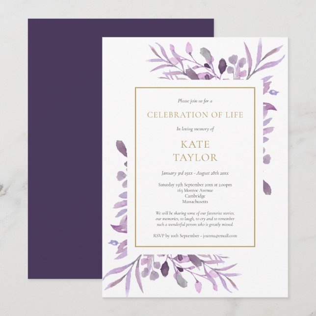 Invitation Célébration de la vie funéraire Foliage Violet Or (Devant / Derrière)