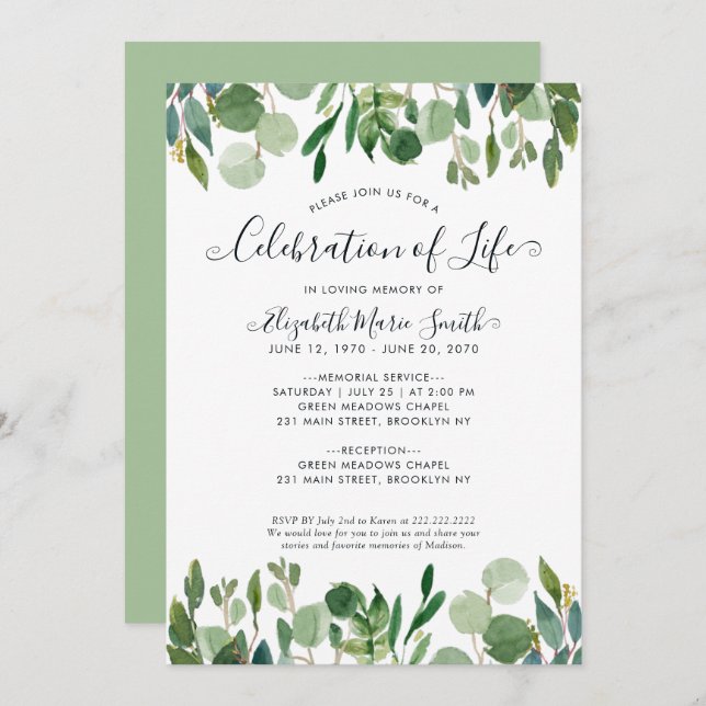 Invitation Célébration de la vie funéraire Mémorial Botanique (Devant / Derrière)