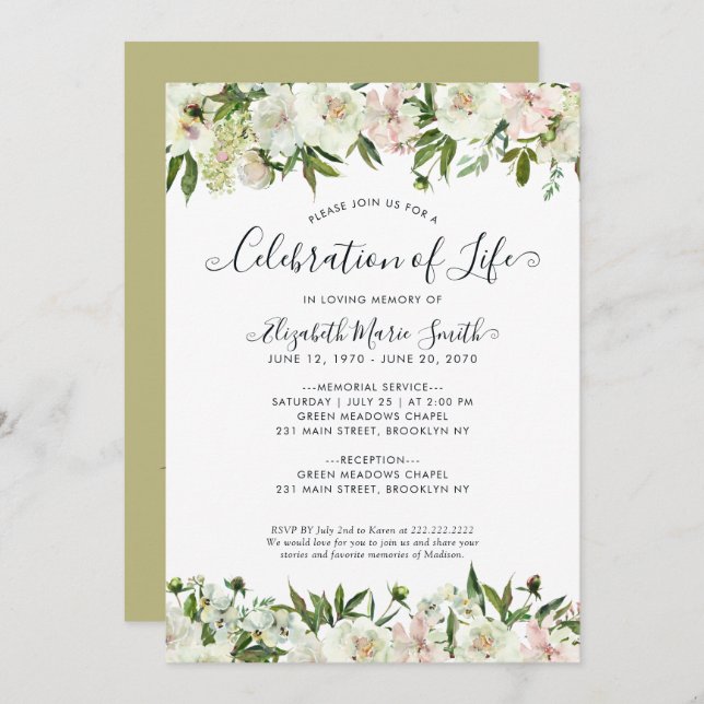 Invitation Célébration de la vie funéraire Memorial Floral bl (Devant / Derrière)