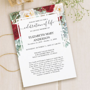 Invitation Célébration de la vie funéraire Memorial Red Roses