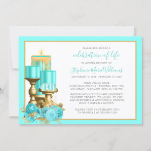 Invitation Célébration de la vie Funéraire Turquoise bougie