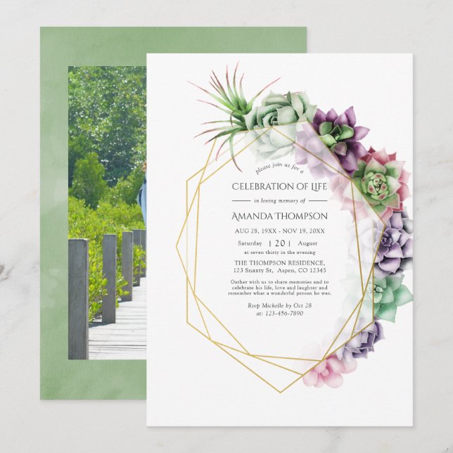 Invitation Célébration de la vie géométrique de succulente à  (Devant / Derrière)