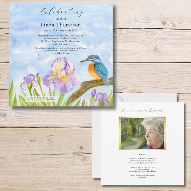 Invitation Célébration de la vie Martin-pêcheur Iris violets (Créateur téléchargé)