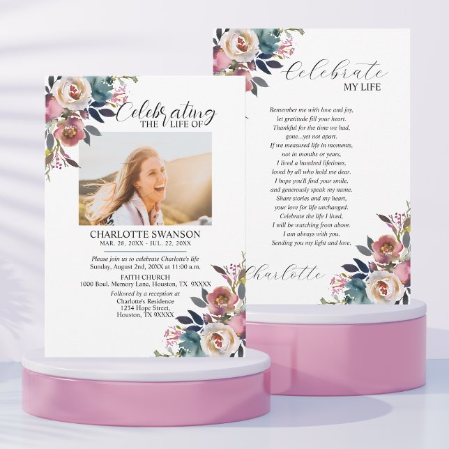 Invitation Célébration de la vie Memorial Floral Photo & Poem (Créateur téléchargé)