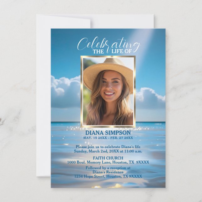 Invitation Célébration de la vie Mémorial Plage Océan & Poème (Devant)