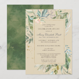 Invitation Célébration de la vie Moderne Vert Or Botanique en