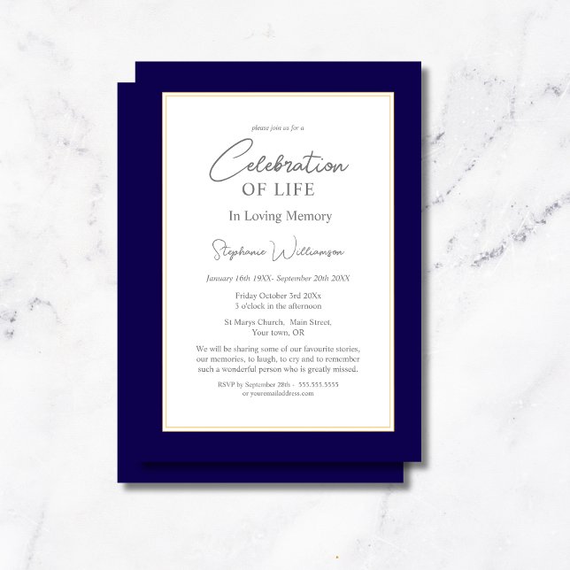 Invitation Célébration de la vie Navy & Or (Créateur téléchargé)