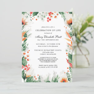 Invitation Célébration de la vie Orange White Floral Funeral