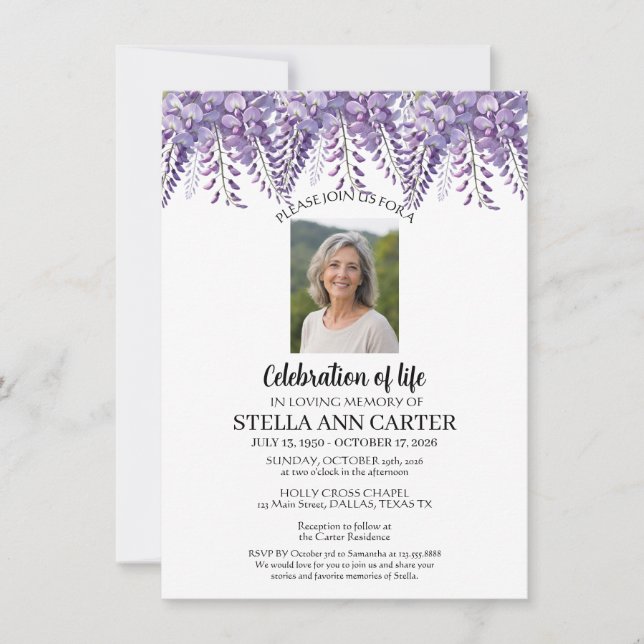 Invitation Célébration de la vie Photo Wisteria Floral Funéra (Devant)