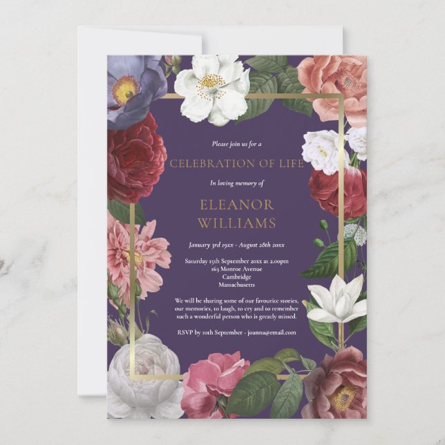 Invitation Célébration de la vie Rose Fleur Violet Or  (Devant)