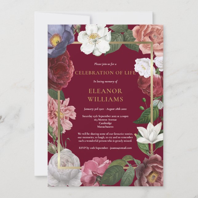 Invitation Célébration de la vie Roses Bourgogne Floral (Devant)
