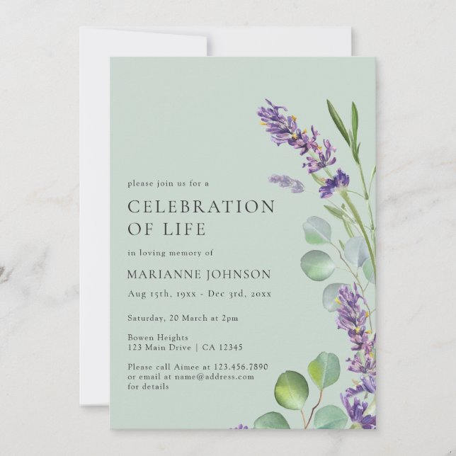 Invitation Célébration de la vie Sage moderne Vert Floral (Devant)