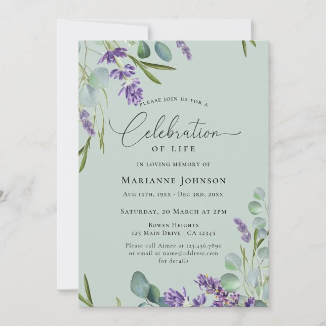 Invitation Célébration de la vie Sage vert Lavender Floral (Devant)