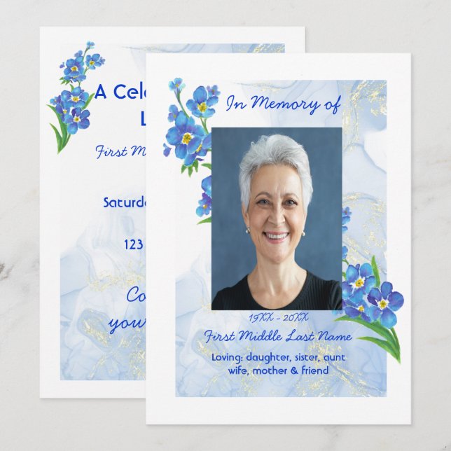 Invitation Célébration de la vie Service Oubliez-moi pas" Fle (Devant / Derrière)