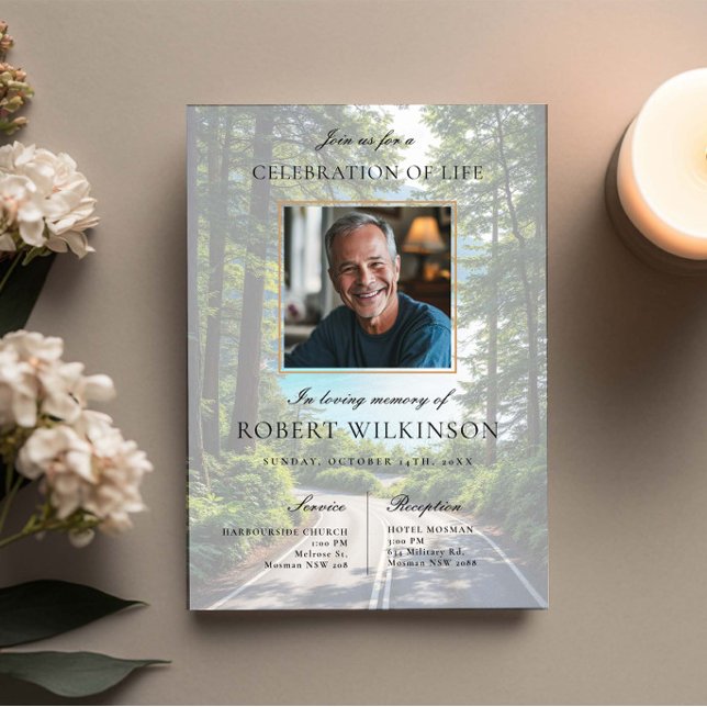 Invitation Célébration de la vie sur la route forestière Phot (Créateur téléchargé)