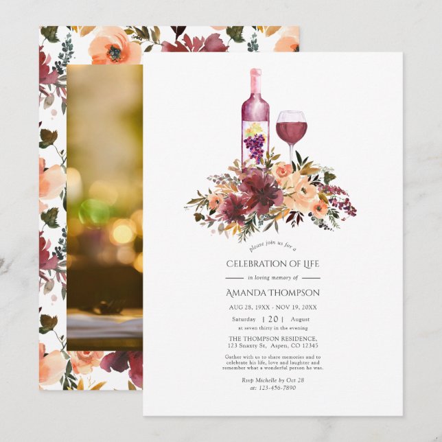 Invitation Célébration de la vie sur le thème du vin floral p (Devant / Derrière)