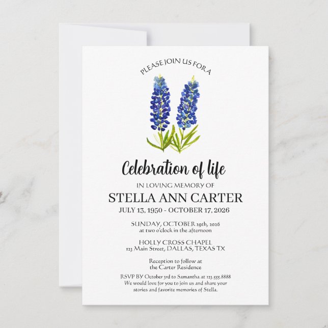Invitation Célébration de la vie Texas Bluebonnet Funérailles (Devant)